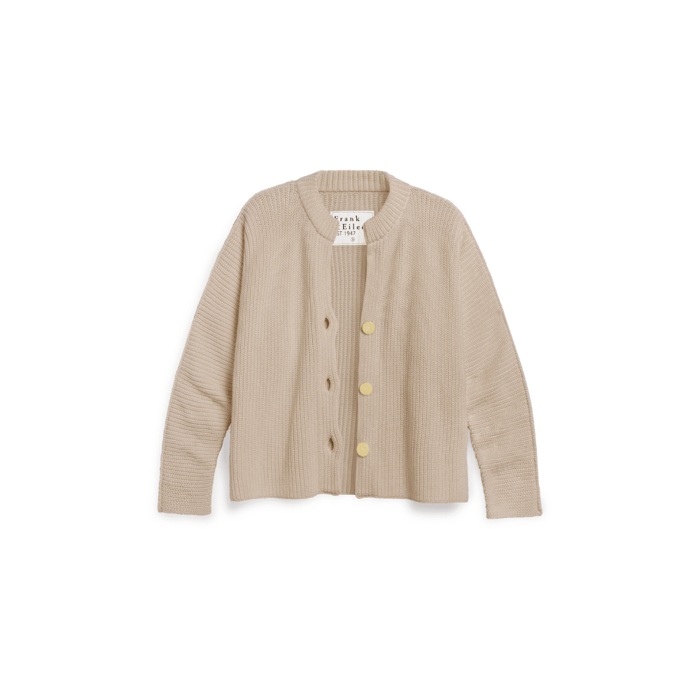 Frank & Eileen Montecito cotton cardigan in Sand - a light beige ribbed knit cardigan with three yellow horn buttons, shown flat against a white background.