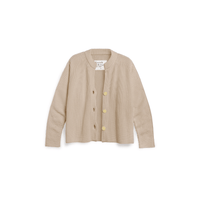 Frank & Eileen Montecito cotton cardigan in Sand - a light beige ribbed knit cardigan with three yellow horn buttons, shown flat against a white background.