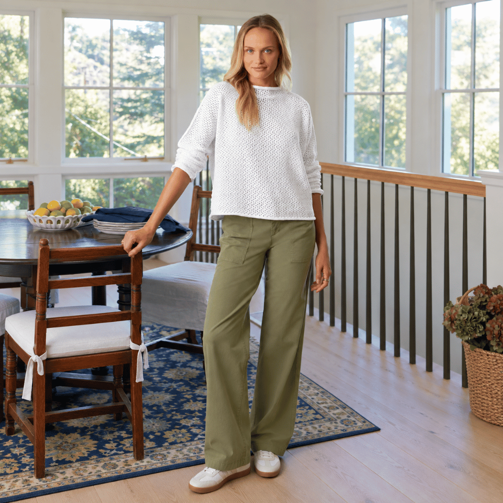 Frank & Eileen Monterey Pointelle sweater in White, front view showing rolled funnel neck and open knit