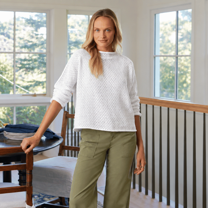 Frank & Eileen Monterey Pointelle sweater in White, front view showing rolled funnel neck and open knit