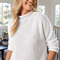 Frank & Eileen Monterey Pointelle sweater in White, close view showing rolled funnel neck and open knit