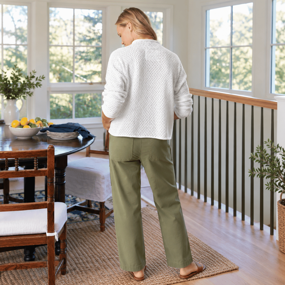 Frank & Eileen Monterey Pointelle sweater in White, back view showing open knit and continuous sleeves