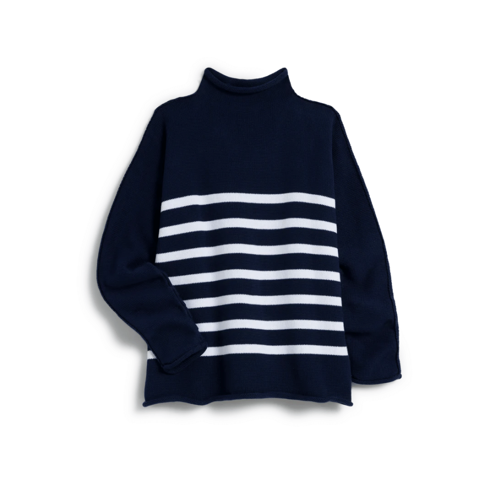 Frank & Eileen Monterey Rolled Funnel Neck Sweater in Marine and White Stripe