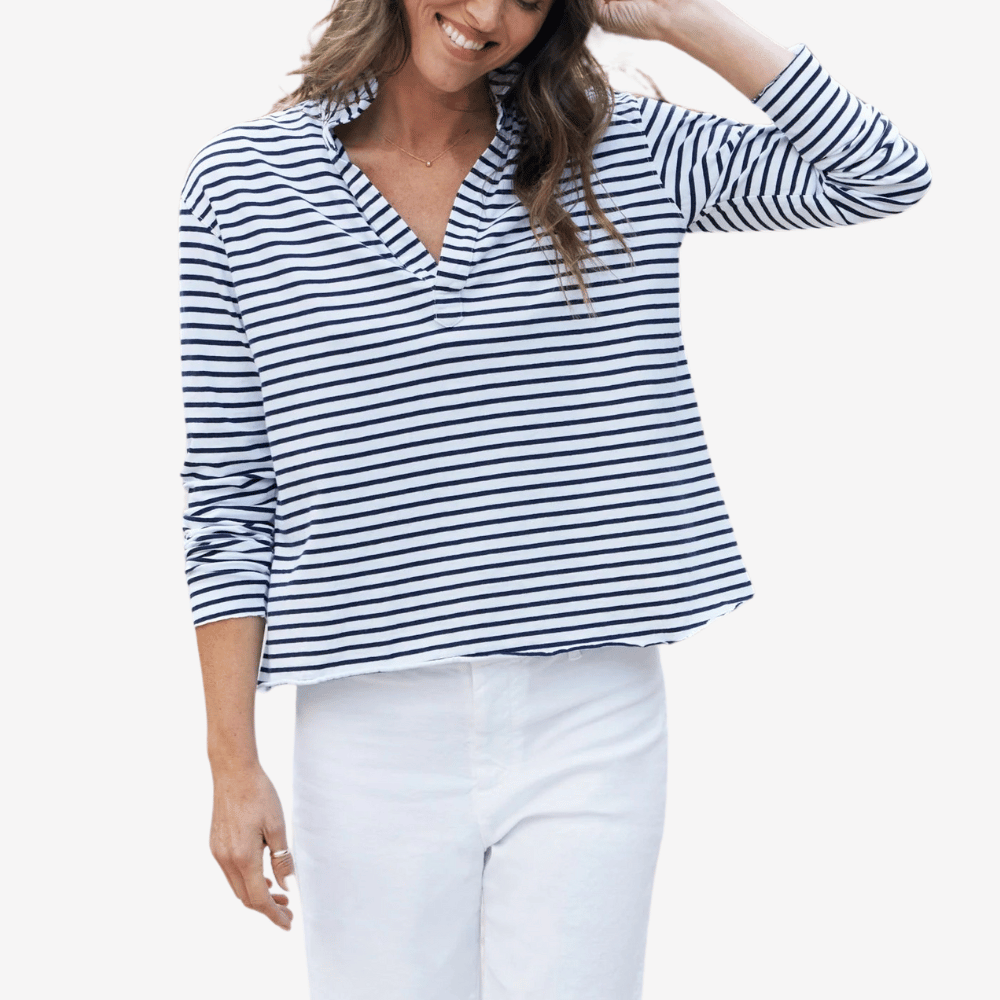 Frank and Eileen Patrick Popover Henley in Navy White Stripe Shop Frank & Eileen online in Australia at Riada Concept – official stockist of Frank & Eileen shirts, dresses, and linen pants. Discover timeless, premium women's fashion with fast shipping from Sydney.