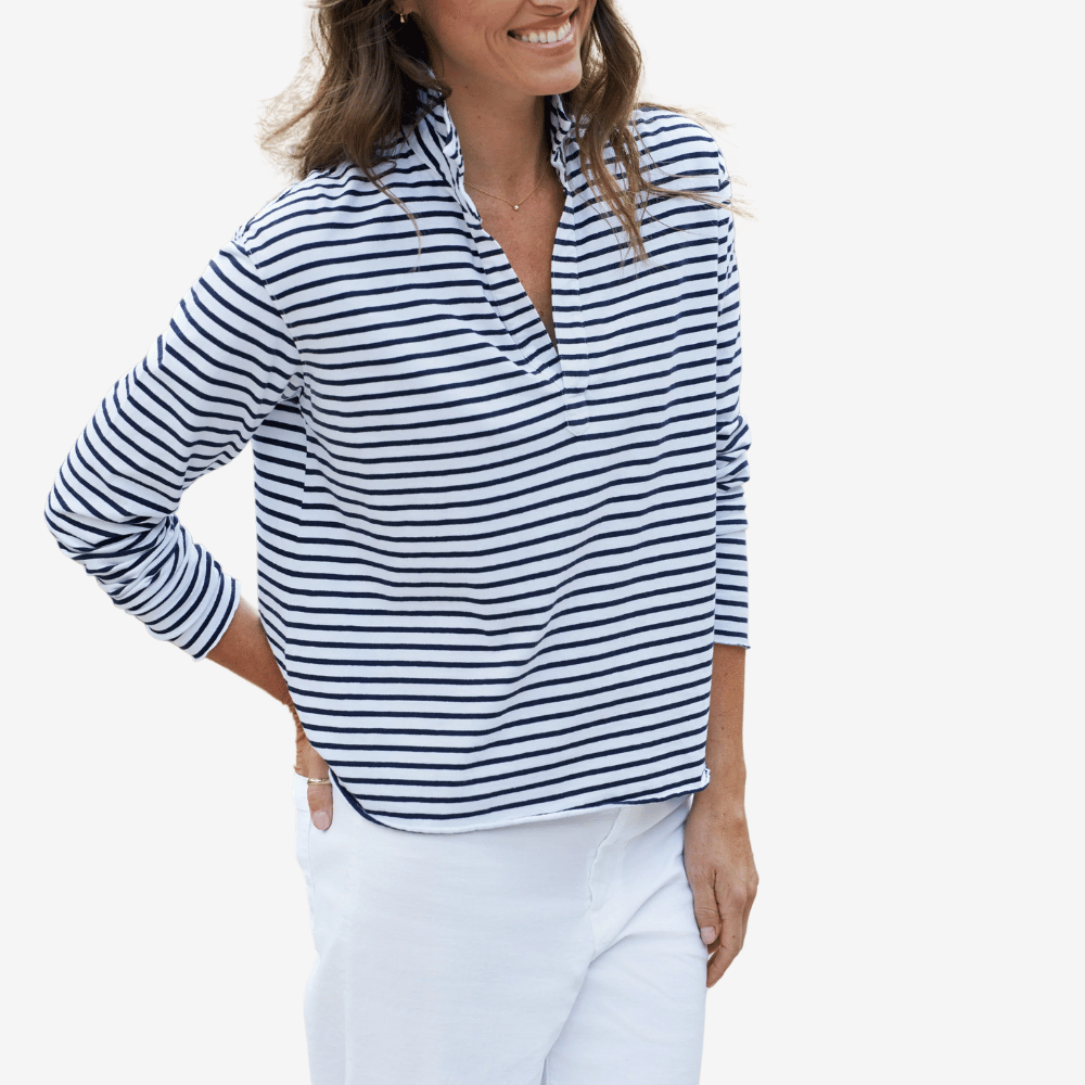 Frank and Eileen Patrick Popover Henley in Navy White Stripe Shop Frank & Eileen online in Australia at Riada Concept – official stockist of Frank & Eileen shirts, dresses, and linen pants. Discover timeless, premium women's fashion with fast shipping from Sydney.