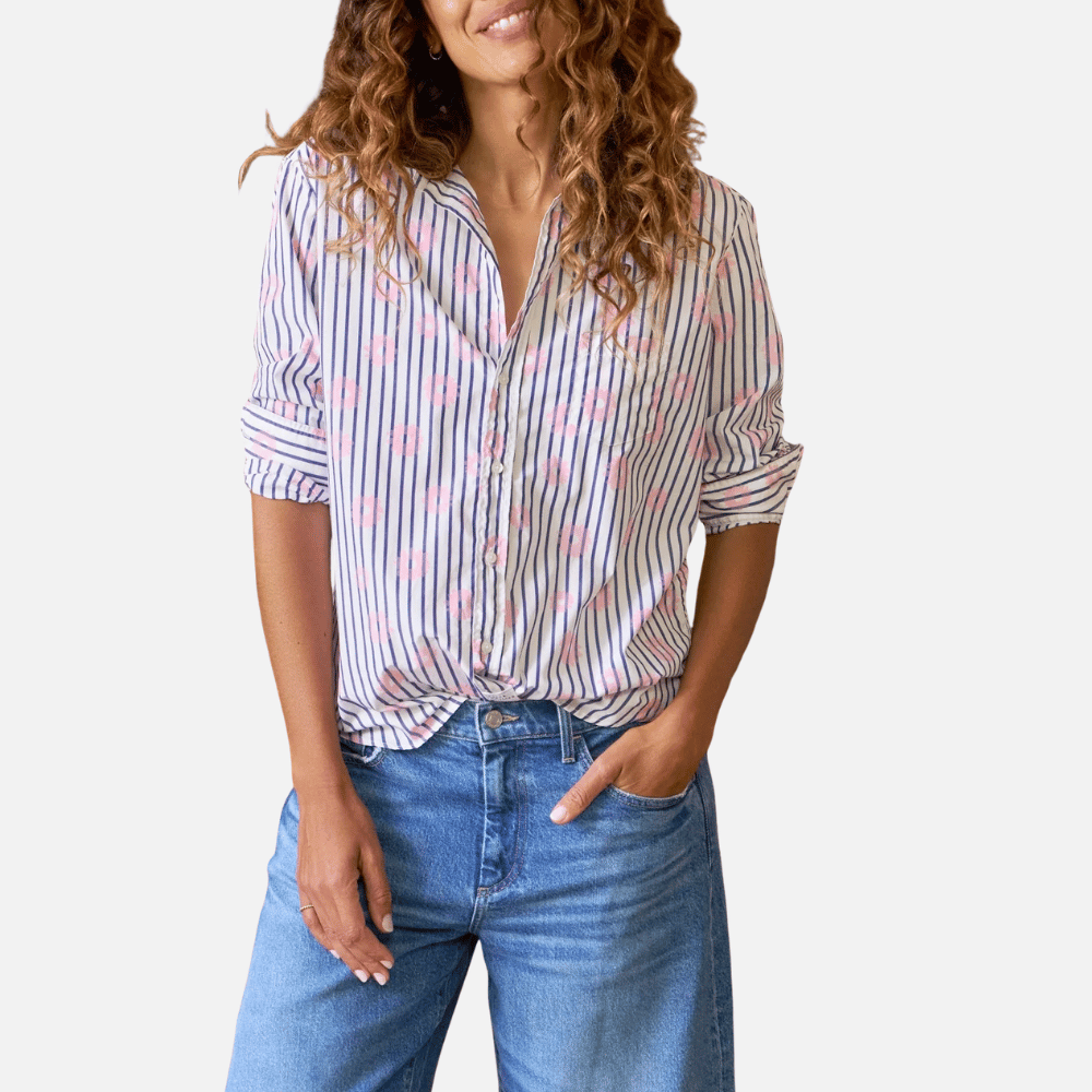 Frank & Eileen Relaxed Button-Up Eileen Shirt in Pink Flowers with Blue Stripe – International designer fashion boutique Australia Riada Concept Woollahra