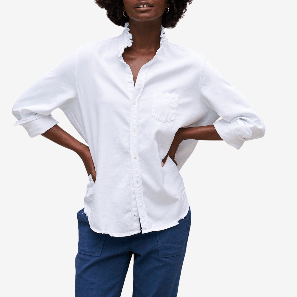 Frank & Eileen Relaxed Button-Up Ruffle Collar Eileen Shirt in White Denim – International designer fashion boutique Australia Riada Concept Woollahra