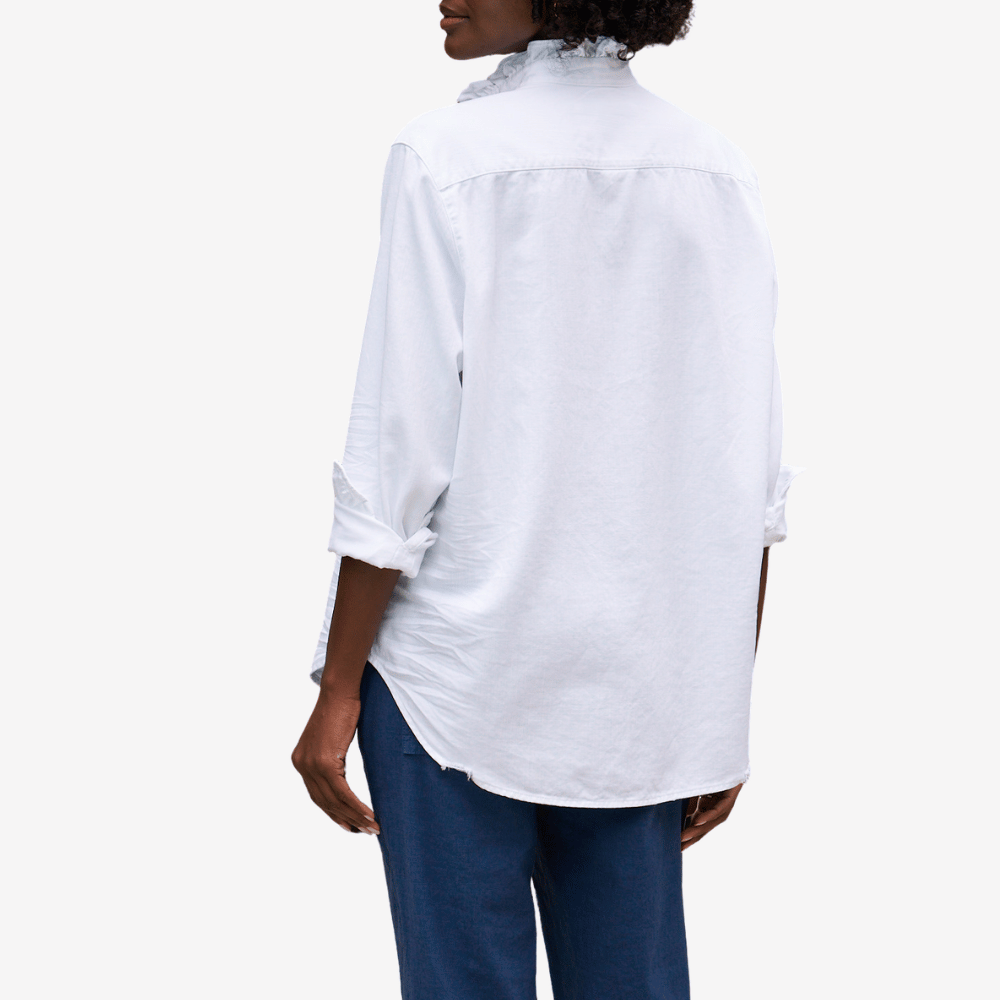 Frank & Eileen Relaxed Button-Up Ruffle Collar Eileen Shirt in White Denim – International designer fashion boutique Australia Riada Concept Woollahra