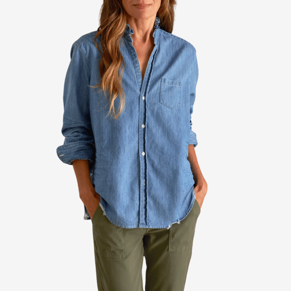 Frank & Eileen Ruffle Collar Button-Up Eileen Shirt in Vintage Stonewashed Indigo - international designer fashion boutique Australia Riada Concept Woollahra