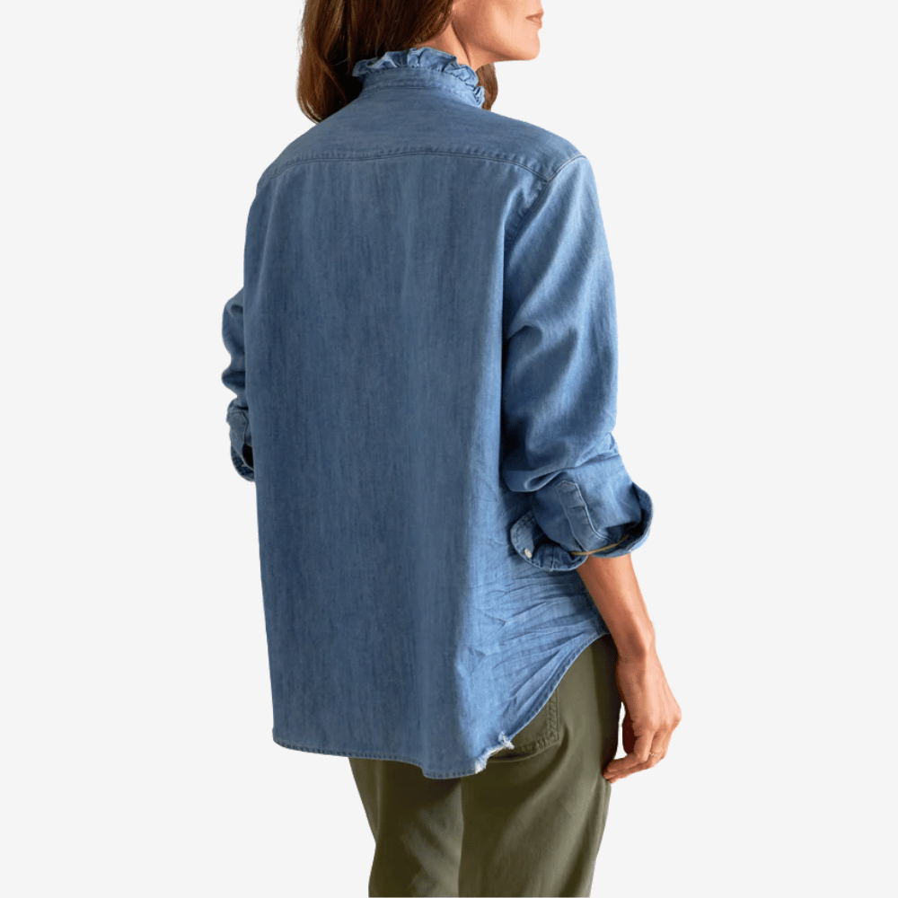 Frank & Eileen Ruffle Collar Button-Up Eileen Shirt in Vintage Stonewashed Indigo - international designer fashion boutique Australia Riada Concept Woollahra