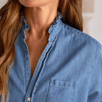 Frank & Eileen Ruffle Collar Button-Up Eileen Shirt in Vintage Stonewashed Indigo - international designer fashion boutique Australia Riada Concept Woollahra