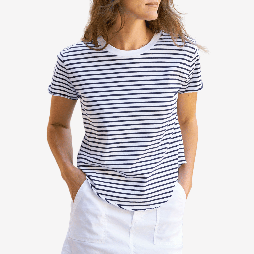 Frank and Eileen Theo Perfect Tee in Navy White Stripe Shop Frank & Eileen online in Australia at Riada Concept – official stockist of Frank & Eileen shirts, dresses, and linen pants. Discover timeless, premium women's fashion with fast shipping from Sydney.