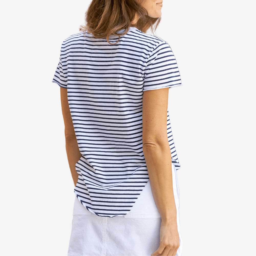 Frank and Eileen Theo Perfect Tee in Navy White Stripe Shop Frank & Eileen online in Australia at Riada Concept – official stockist of Frank & Eileen shirts, dresses, and linen pants. Discover timeless, premium women's fashion with fast shipping from Sydney.