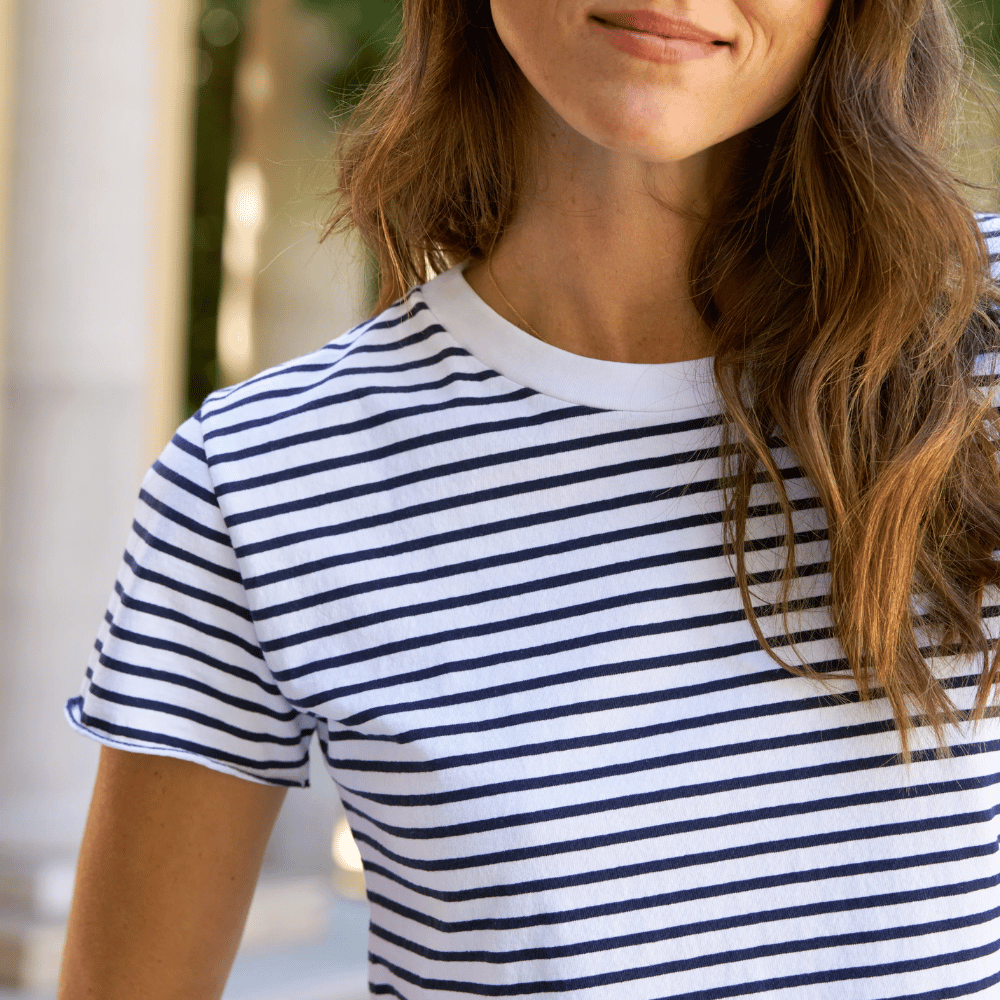 Frank and Eileen Theo Perfect Tee in Navy White Stripe Shop Frank & Eileen online in Australia at Riada Concept – official stockist of Frank & Eileen shirts, dresses, and linen pants. Discover timeless, premium women's fashion with fast shipping from Sydney.