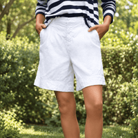 Frank & Eileen Waterford 7.5" linen shorts in White, front view showing high-rise waist and wide leg