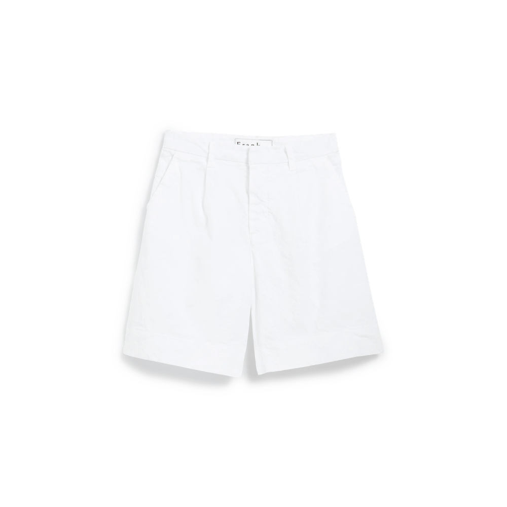 Frank & Eileen Waterford 7.5" linen shorts in White - White pleated shorts with a button fly and belt loops, shown flat on a white background. 