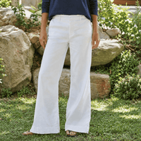 Frank & Eileen West Village white linen trousers, front view showing mid-rise waist and full wide leg