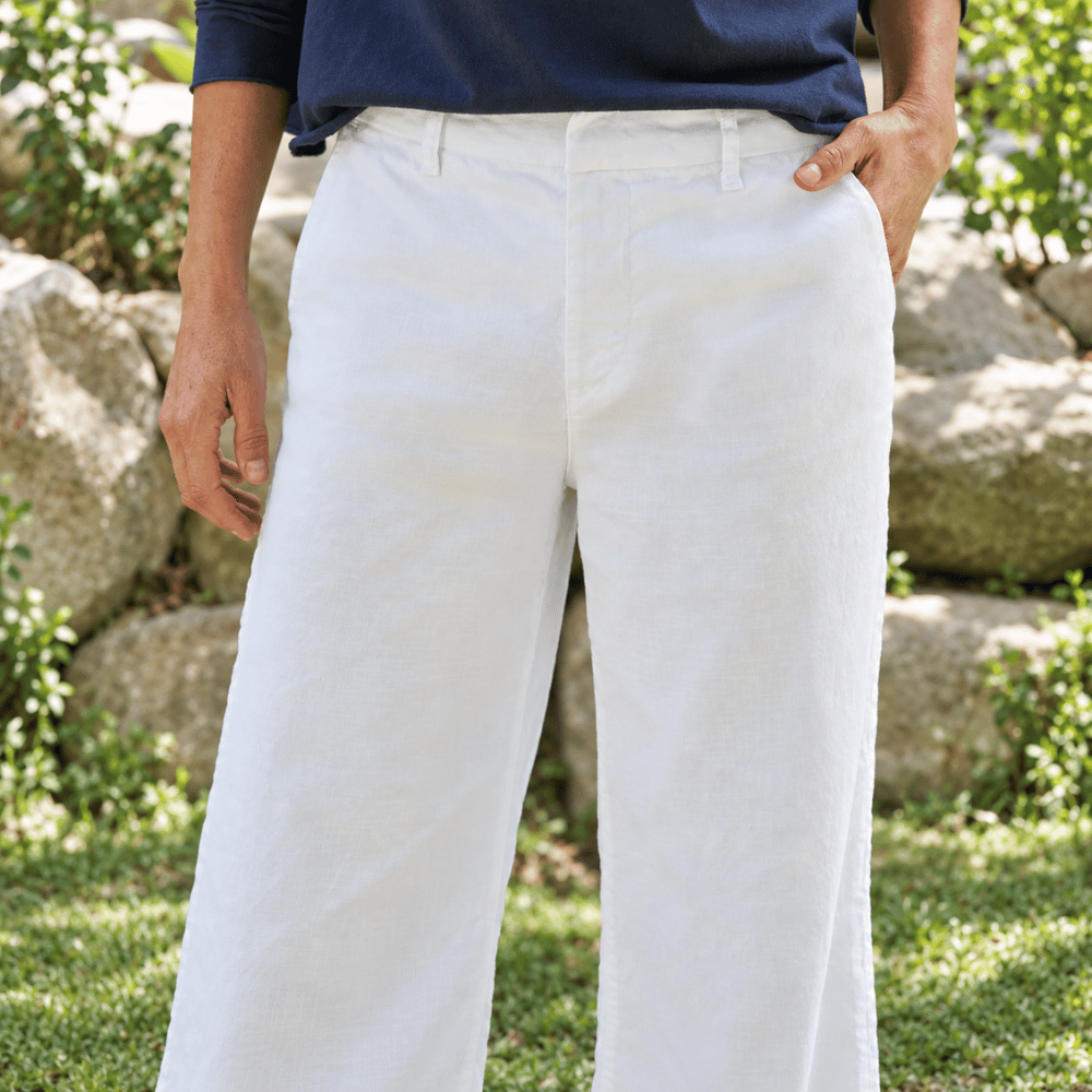 Frank & Eileen West Village white linen trousers, cropped front view showing mid-rise waist and pockets