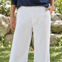 Frank & Eileen West Village white linen trousers, cropped front view showing mid-rise waist and pockets
