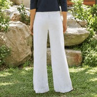 Frank & Eileen West Village white linen trousers, back view showing welt pockets and full wide-leg silhouette