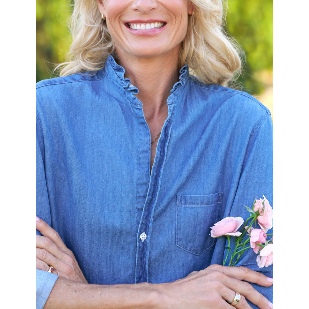Ruffle Collar Button Up Shirt in Vintage Stonewashed Indigo