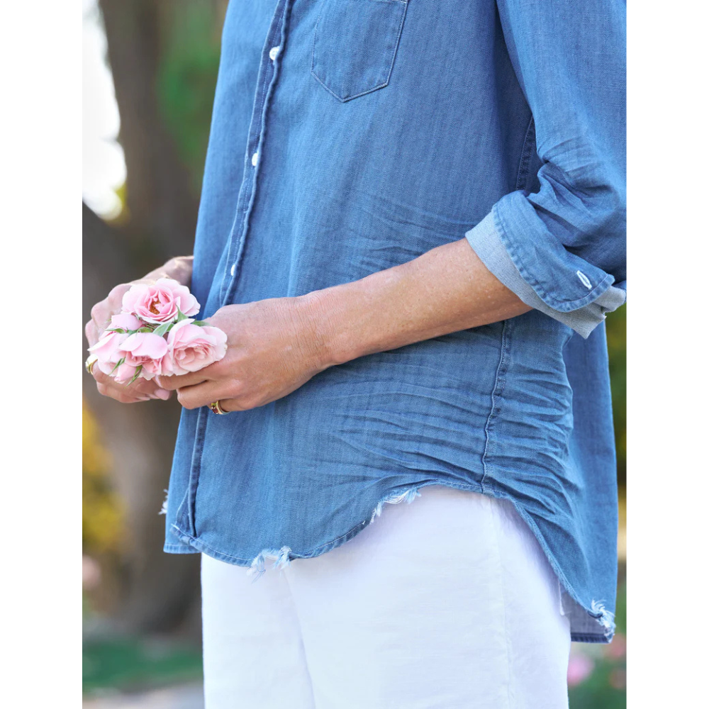 Ruffle Collar Button Up Shirt in Vintage Stonewashed Indigo