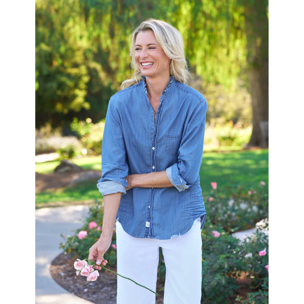 Ruffle Collar Button Up Shirt in Vintage Stonewashed Indigo