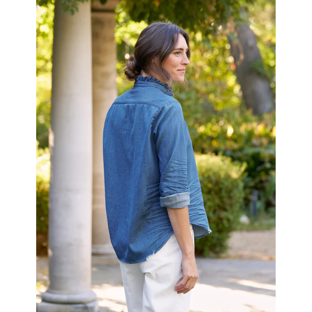 Ruffle Collar Button Up Shirt in Vintage Stonewashed Indigo