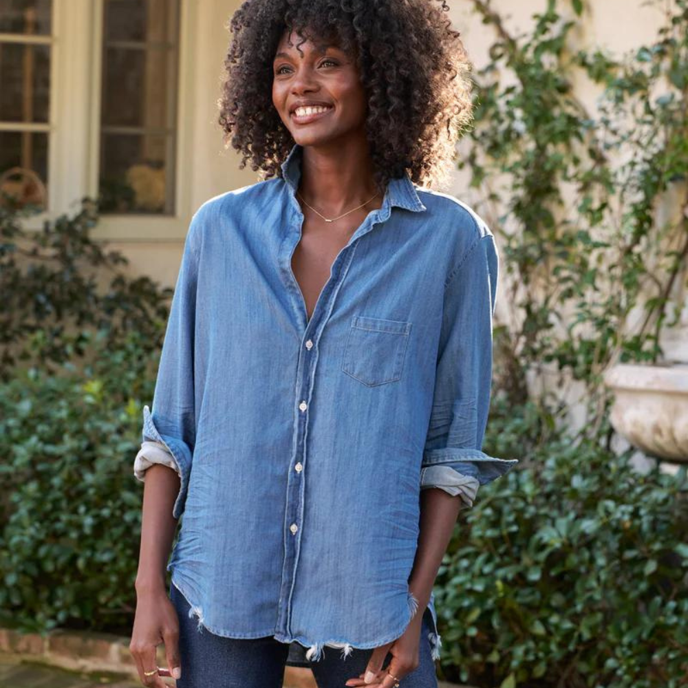 Frank and Eileen Eileen Denim Shirt. A vintage stonewashed indigo denim button-up shirt with long sleeves. Designer denim shirt by Frank and Eileen. Shop premium everyday designer womenswear label Frank and Eileen in Australia at Riada Concept Double Bay.
