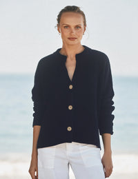 Cotton Montecito Cardigan by Frank & Eileen at Riada Concept, front view with horn button closure on model. Frank and Eileen stockist Australia available at Riada Concept Luxury Fashion Boutique Australia.