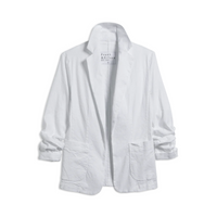 Frank and Eileen white Dublin tailored blazer with notched lapels, buttonless open front, and roomy patch pockets. It features long sleeves and is made of a fabric blend of 50% cotton, 48% linen, and 2% elastane.