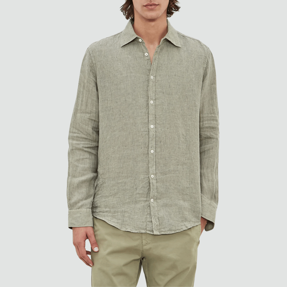 Massimo Alba Menswear Genova Long Sleeve Linen Shirt in Light Khaki Green MASSIMO ALBA ITALIAN MENSWEAR shop at Riada Concept Luxury International Designer Boutique in store and online Sydney