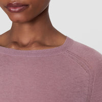 Close-up of the JOSEPH Geras jumper's ribbed round neckline and saddle shoulder