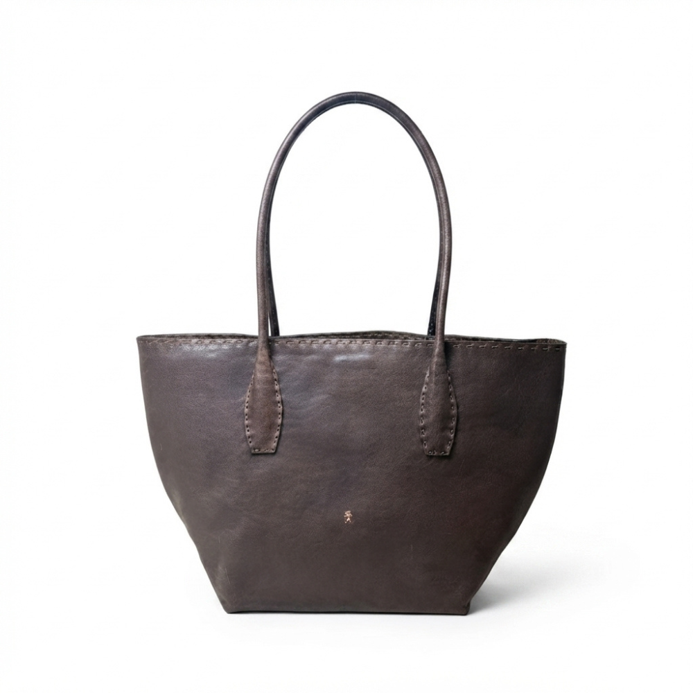 Shopper M Old Iron Lambskin Leather Tote Bag in Mogano