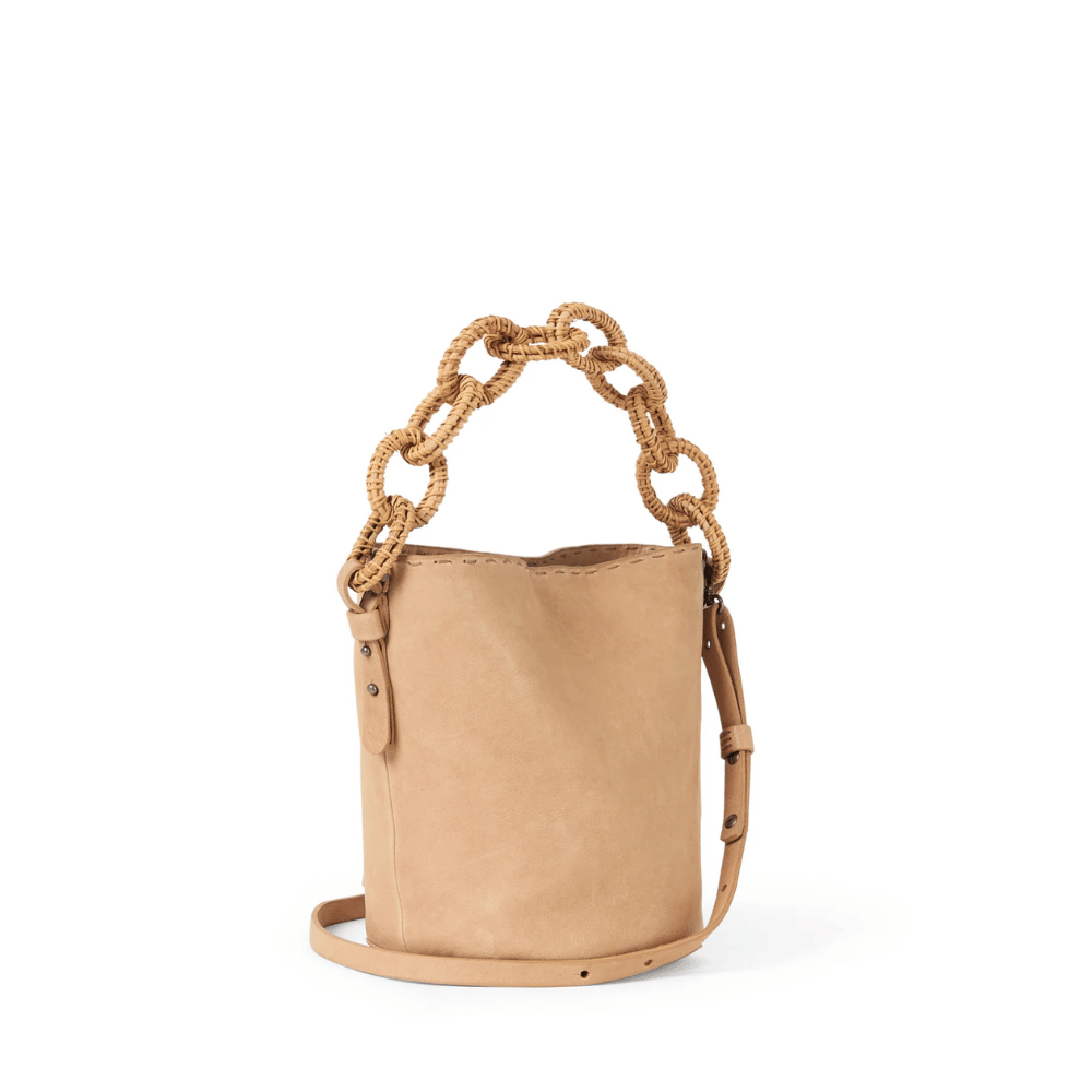 Henry Beguelin Raffia Chain Handle Leather Bucket Bag in Camel