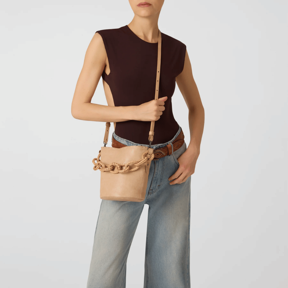 Henry Beguelin Raffia Chain Handle Leather Bucket Bag in Camel