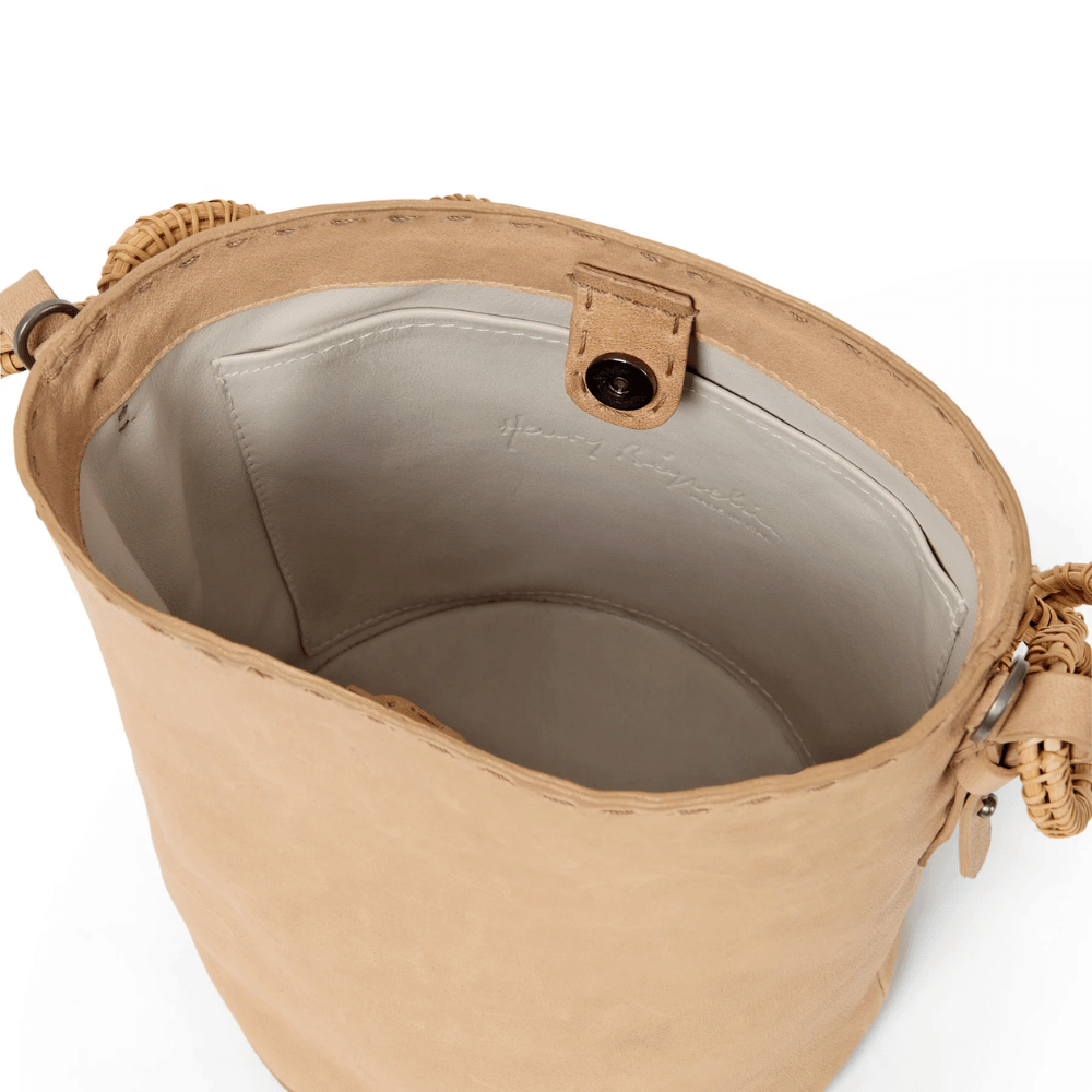 Henry Beguelin Raffia Chain Handle Leather Bucket Bag in Camel