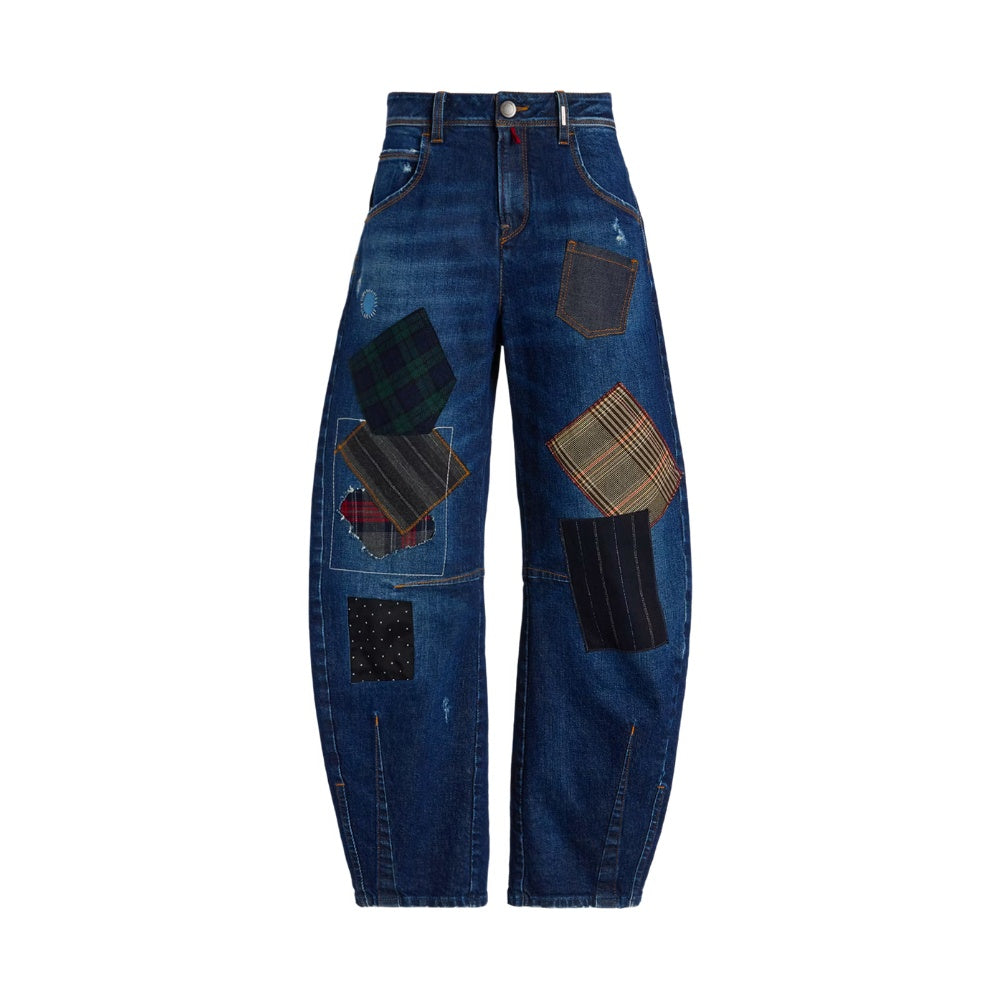 HIGH Everyday Couture Happily boyfriend jeans in washed blue denim with striped, polka-dot and checked suiting patches, front view