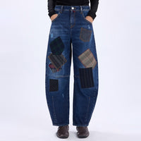 HIGH Everyday Couture Happily boyfriend jeans in washed blue denim with striped, polka-dot and checked suiting patches, front model view