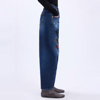 HIGH Everyday Couture Happily boyfriend jeans in washed blue denim with striped, polka-dot and checked suiting patches, side view