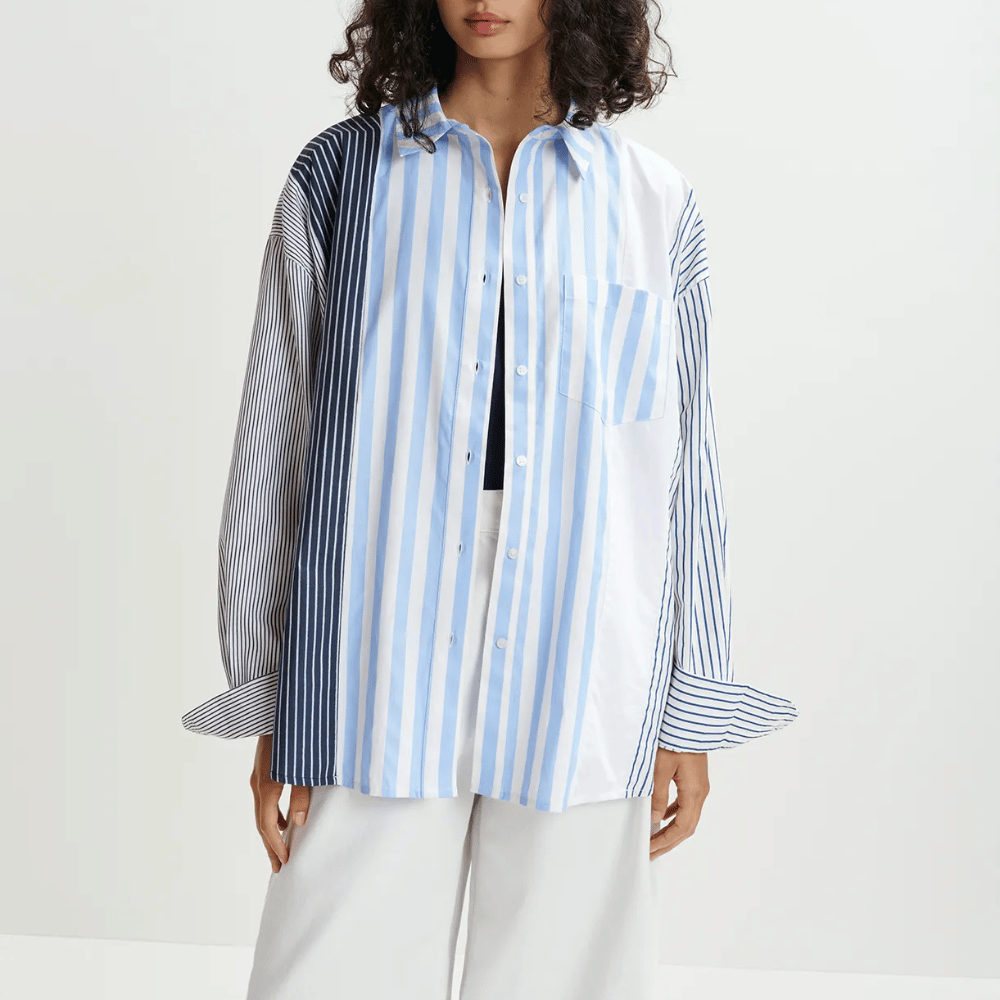 Essentiel Antwerp Hemix Oversized Striped Cotton Shirt in Aqua ESSENTIEL ANTWERP Designer fashion shop online and in store High End fashion boutique Sydney Australia Riada Concept