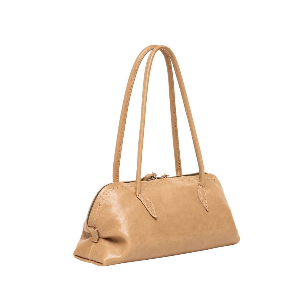 Riada Concept Henry Beguelin’s Bolla Bassa in camel Old Iron lambskin: a low, elongated shoulder bag, hand-worked in Italy, that softens and deepens in colour with wear - side view