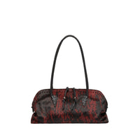 Riada Concept Henry Beguelin’s Bolla Bassa in streaked wine pony-hair calf: a low, rounded shoulder bag with black leather handles and beaded pulls, handcrafted in Italy.