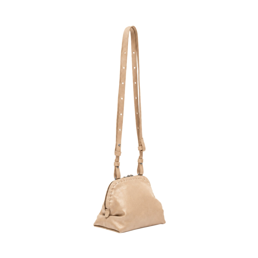 Riada Concept A compact Henry Beguelin Bolla crossbody in camel Old Iron lambskin, with a two-way zip and a slim adjustable leather strap - side view