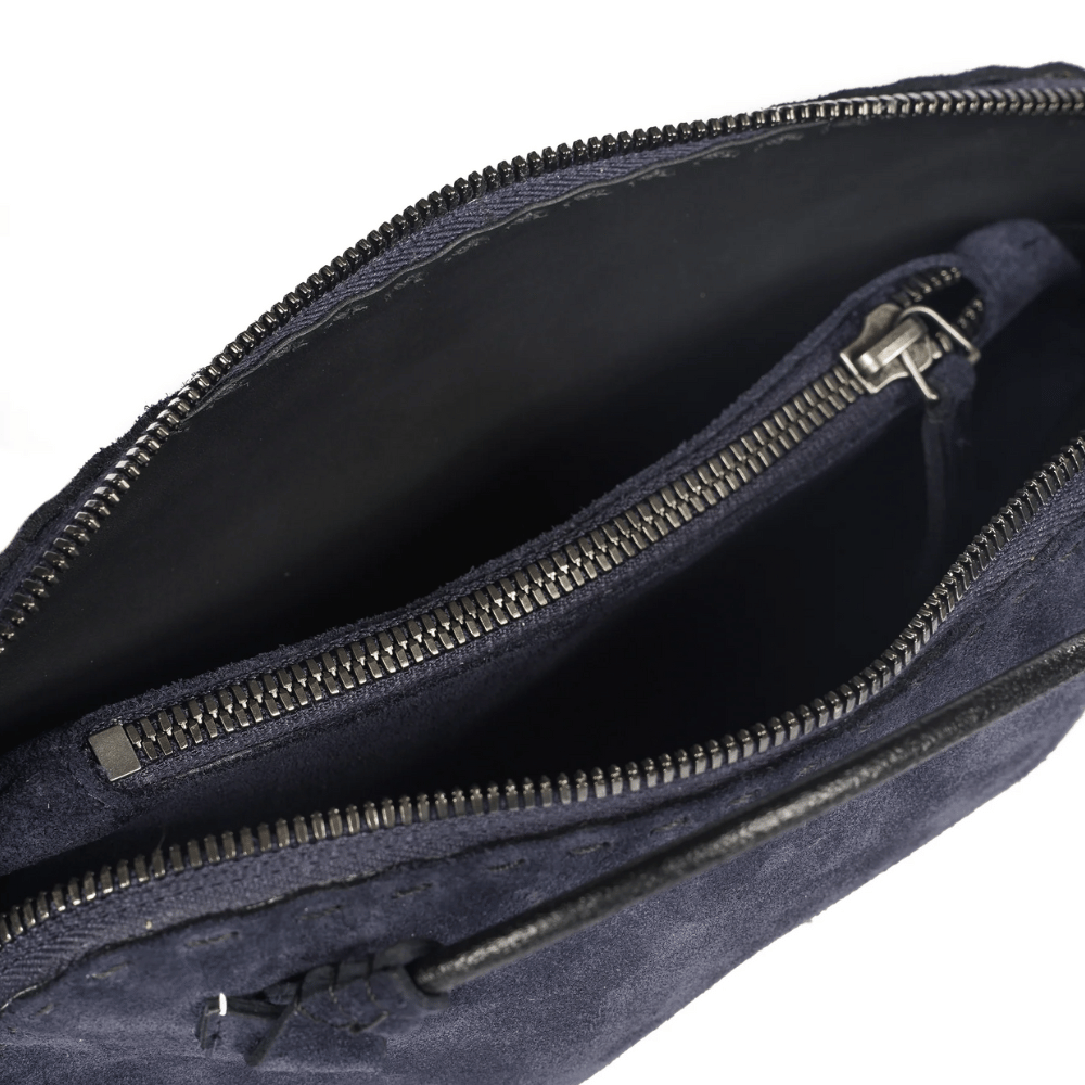 Henry Beguelin Small Crossbody Imbuttino Suede Bag in Bluette HENRY BEGUELIN Designer fashion handbags shop online and in store High End fashion boutique Sydney Australia Riada Concept Henry Beguelin Imbuttino Bag Camoscio in Navy Blue BD6009