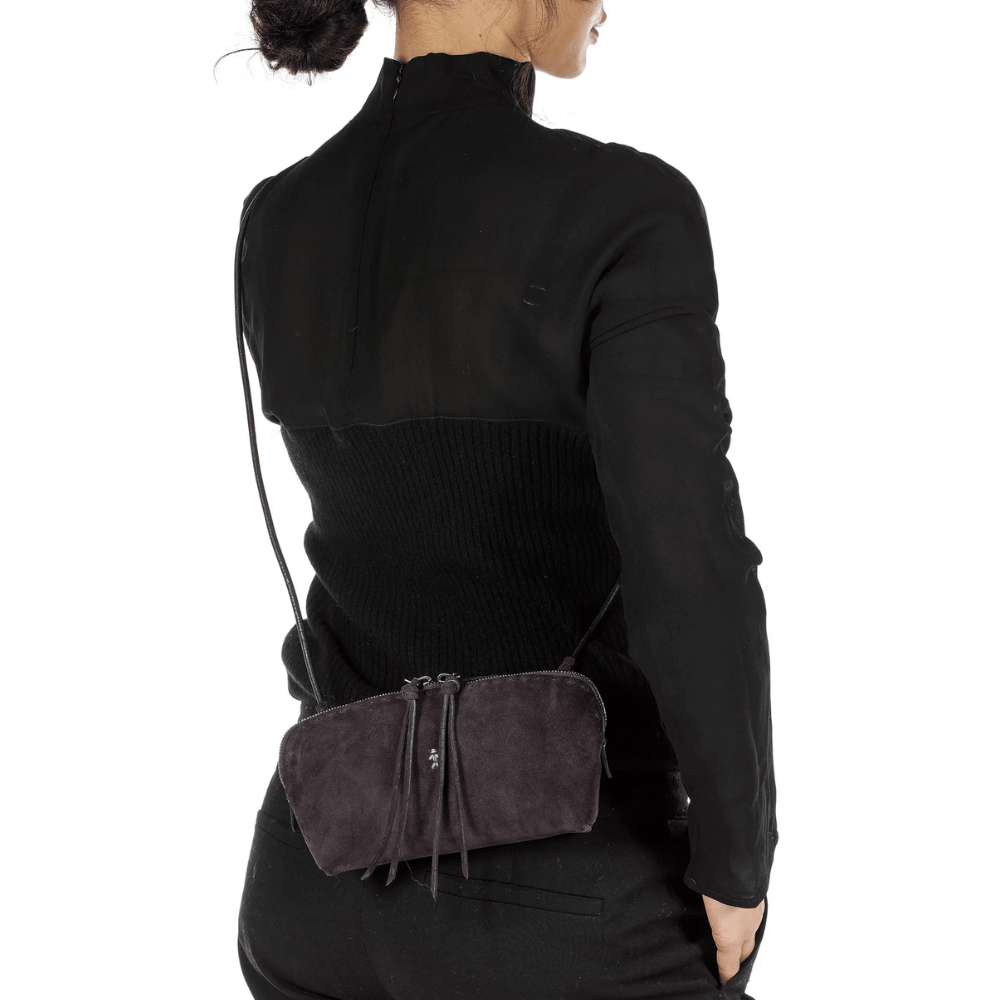 Henry Beguelin Small Crossbody Imbuttino Suede Bag in Mosto HENRY BEGUELIN Designer fashion handbags shop online and in store High End fashion boutique Sydney Australia Riada Concept Henry Beguelin Imbuttino Bag Camoscio in Dark brown BD6009