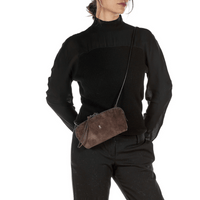 Henry Beguelin Small Crossbody Imbuttino Suede Bag in T.Moro HENRY BEGUELIN Designer fashion handbags shop online and in store High End fashion boutique Sydney Australia Riada Concept Henry Beguelin Imbuttino Bag Camoscio in Dark brown BD6009