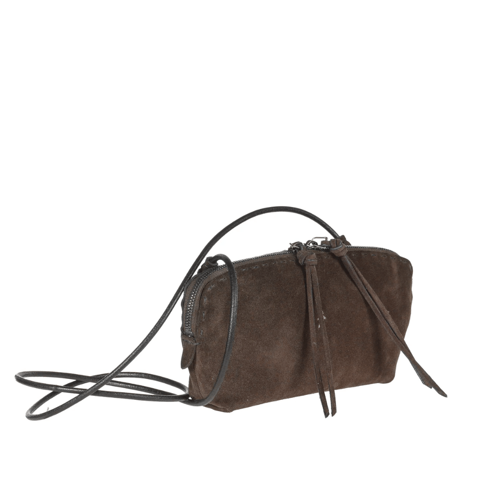 Henry Beguelin Small Crossbody Imbuttino Suede Bag in T.Moro HENRY BEGUELIN Designer fashion handbags shop online and in store High End fashion boutique Sydney Australia Riada Concept Henry Beguelin Imbuttino Bag Camoscio in Dark brown BD6009