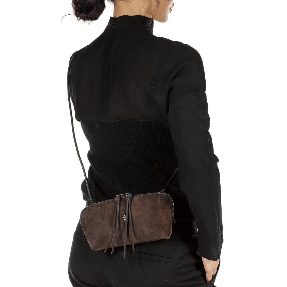 Henry Beguelin Small Crossbody Imbuttino Suede Bag in T.Moro HENRY BEGUELIN Designer fashion handbags shop online and in store High End fashion boutique Sydney Australia Riada Concept Henry Beguelin Imbuttino Bag Camoscio in Dark brown BD6009
