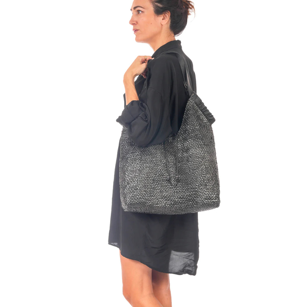 Bag Canotta Arricciata Intreccio Madreperla in Nero